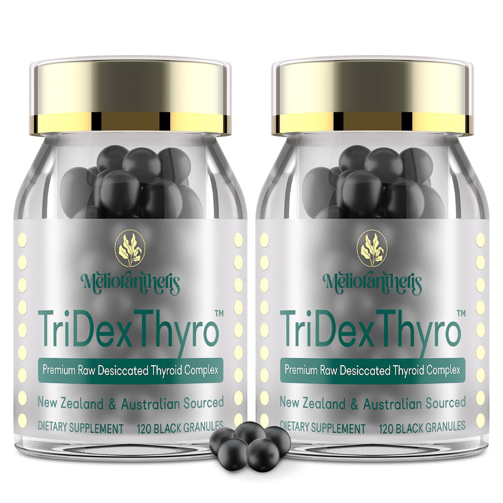 Meliorantheris TriDexThyro bottle highlighting premium raw thyroid blend for daily use.