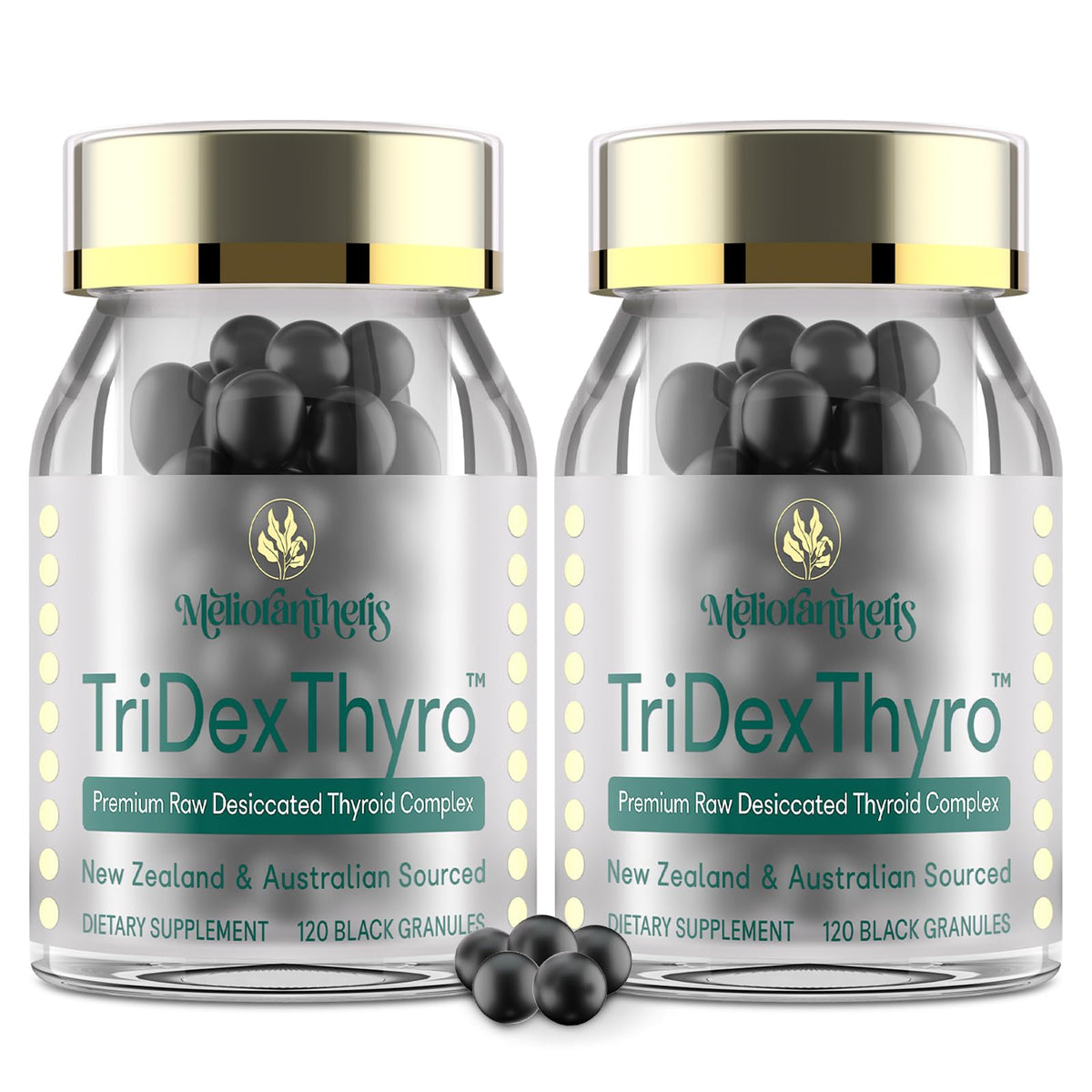 Meliorantheris TriDexThyro bottle highlighting premium raw thyroid blend for daily use.