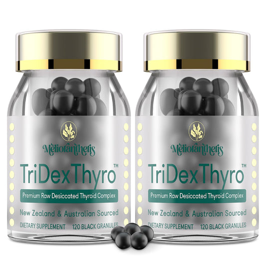 Meliorantheris TriDexThyro bottle highlighting premium raw thyroid blend for daily use.