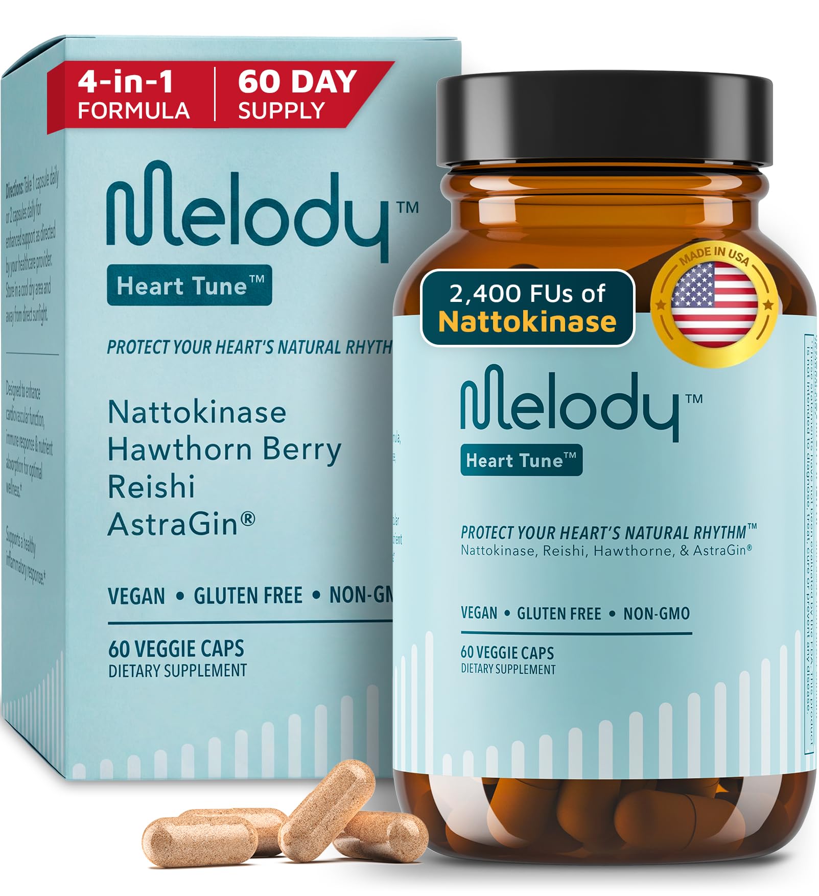 Melody Heart Tune bottle-front shows the vegan daily support supplement for vascular comfort.