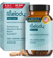 Melody Heart Tune bottle-front shows the vegan daily support supplement for vascular comfort.