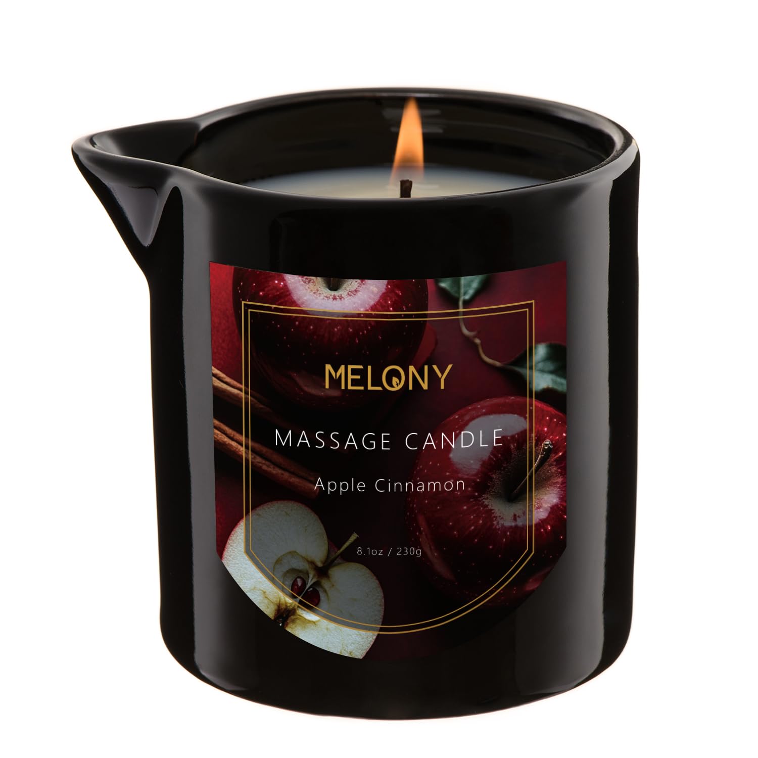MELONY luxury massage candle lit with apple cinnamon aroma for a cozy home spa.