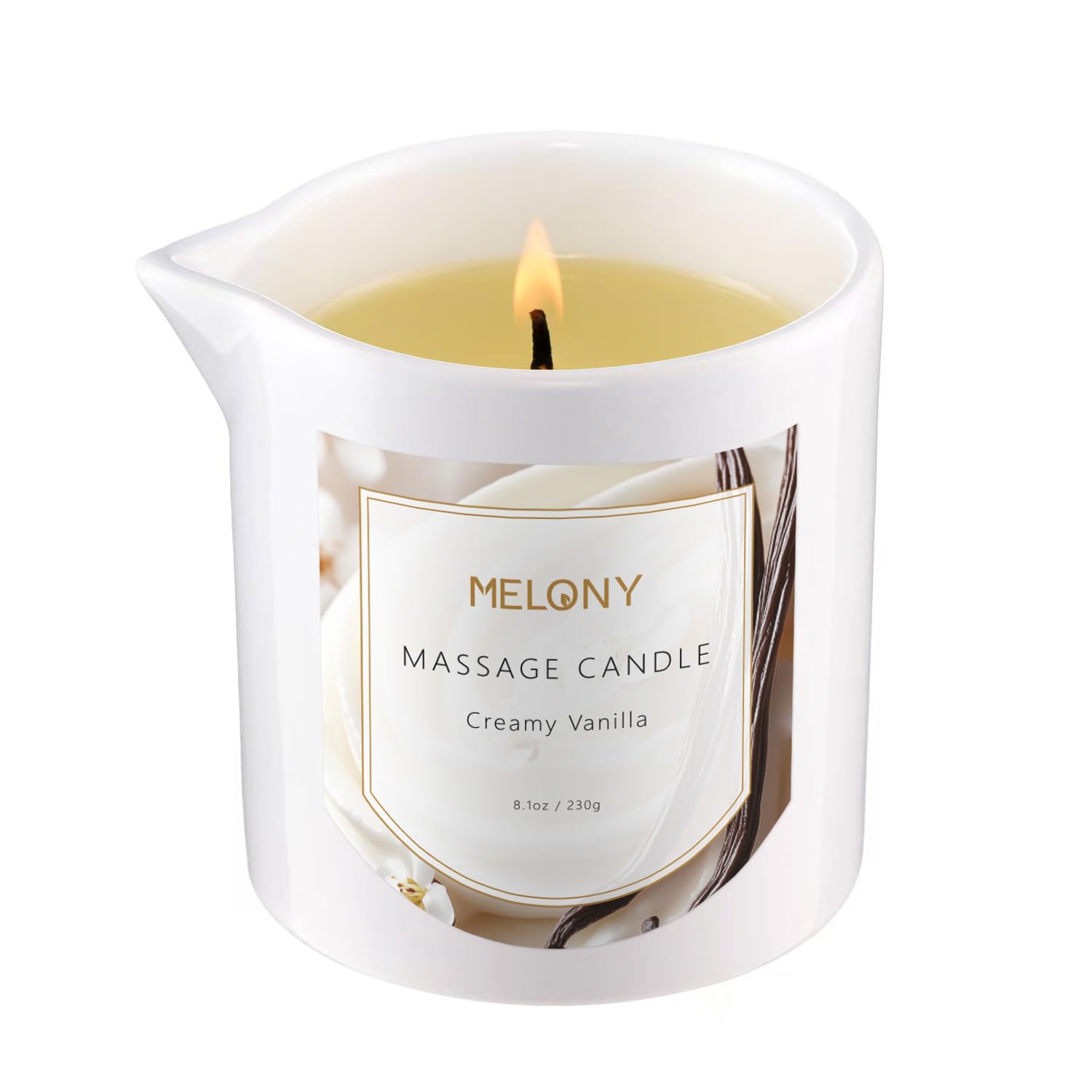 Melony luxury massage candle cream-closeup highlights rich moisturization and calming aroma.