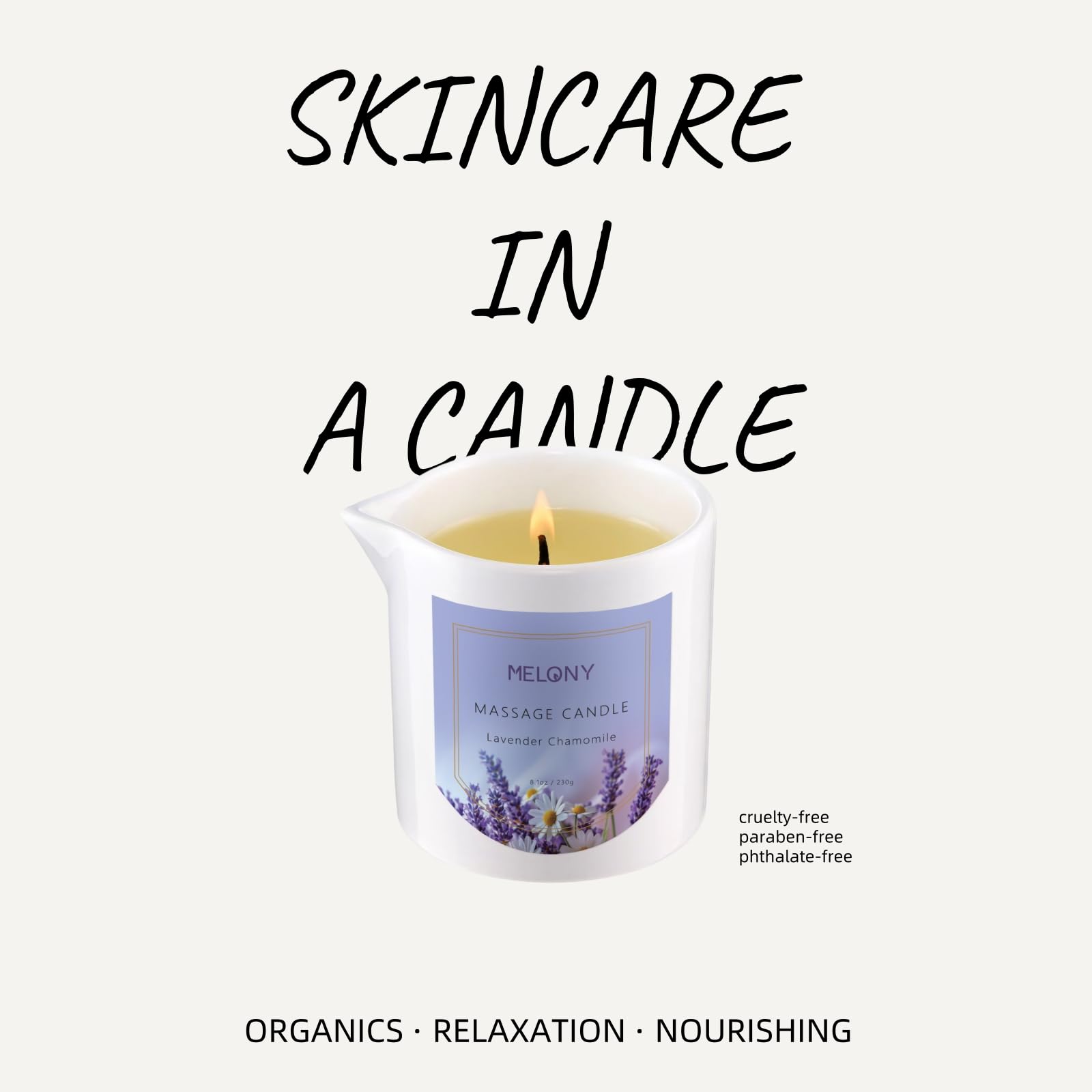 MELONY Luxury Massage Candle infused with vitamin E nourishes and protects skin