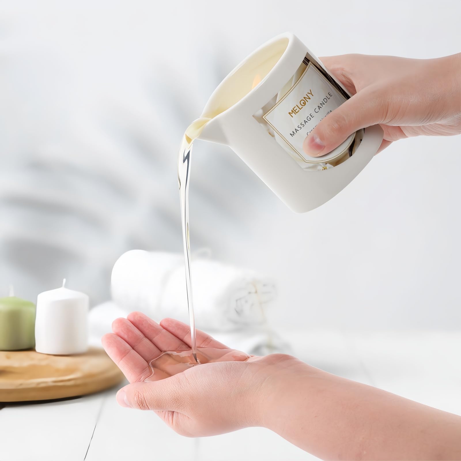 Melony massage oil pour-action showing spill-free use for at-home massage.