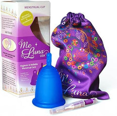 MeLuna menstrual cup with stem handle offers customizable fit for comfortable all-day wear.