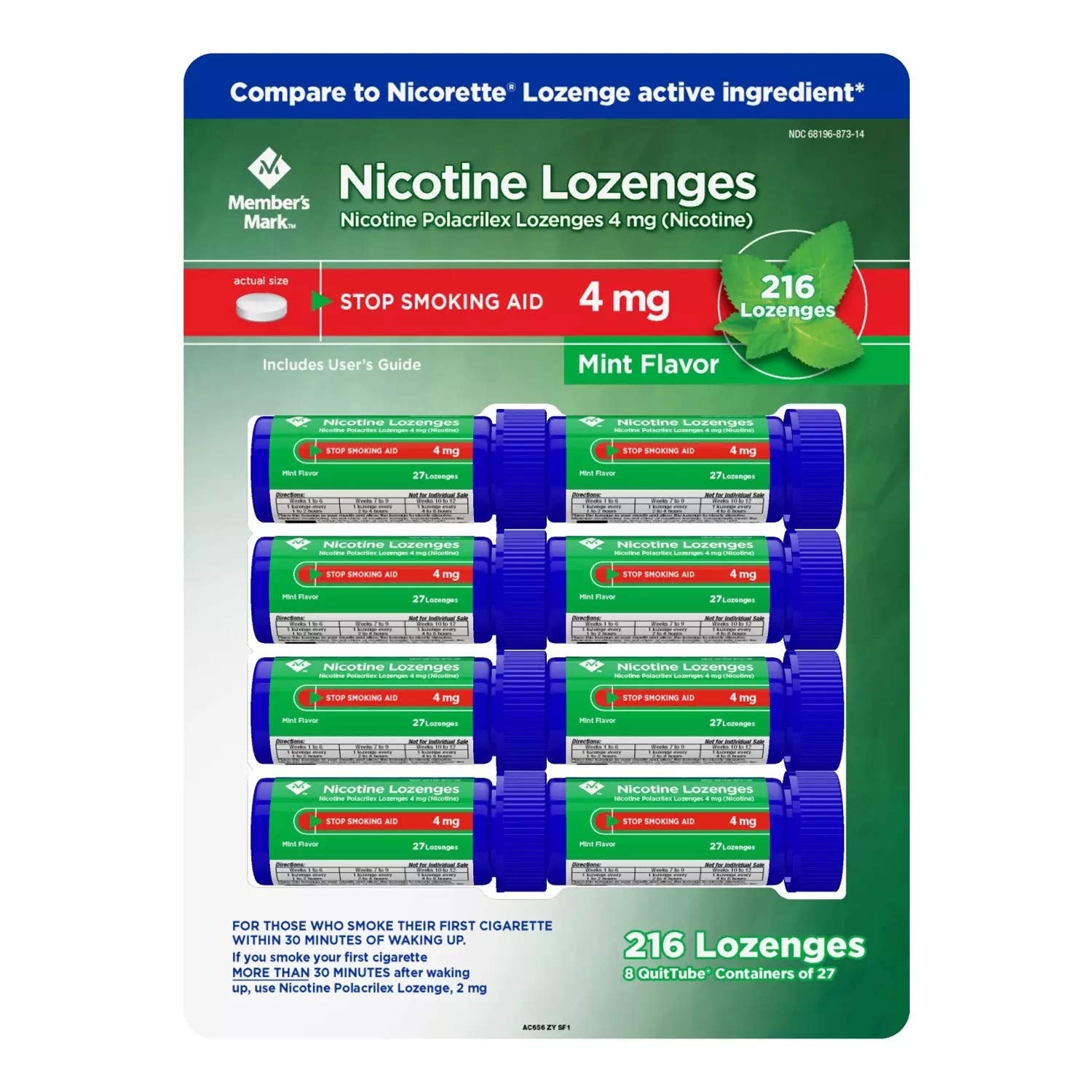 Members Mark mint lozenge packaging with 4 mg nicotine for quit support.