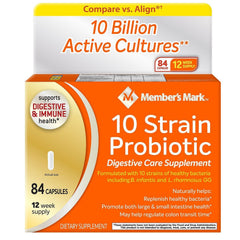 Member's Mark 5X probiotic bottle front view highlighting daily digestive balance