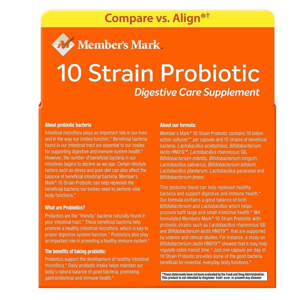 Member's Mark 5X probiotic bottle side view showing dosage and two bottles total