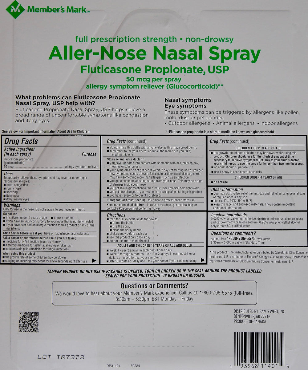 Members Mark Aller-Nose Fluticasone spray in action for nasal comfort during allergy season.