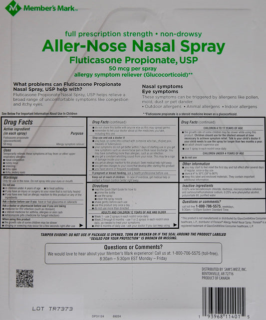 Members Mark Aller-Nose Fluticasone spray in action for nasal comfort during allergy season.