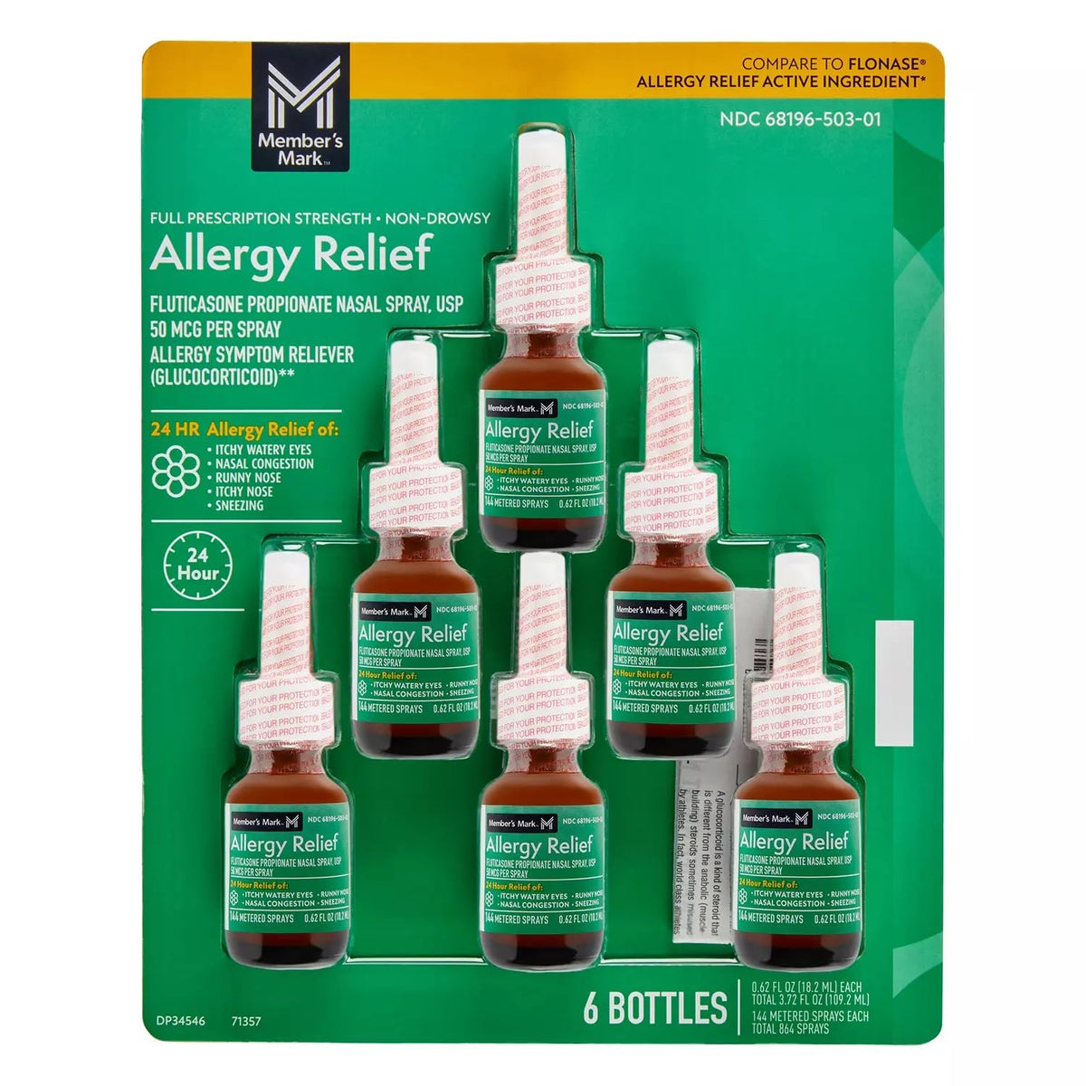 Member's Mark Fluticasone Propionate Nasal Spray bottle in a six-pack.