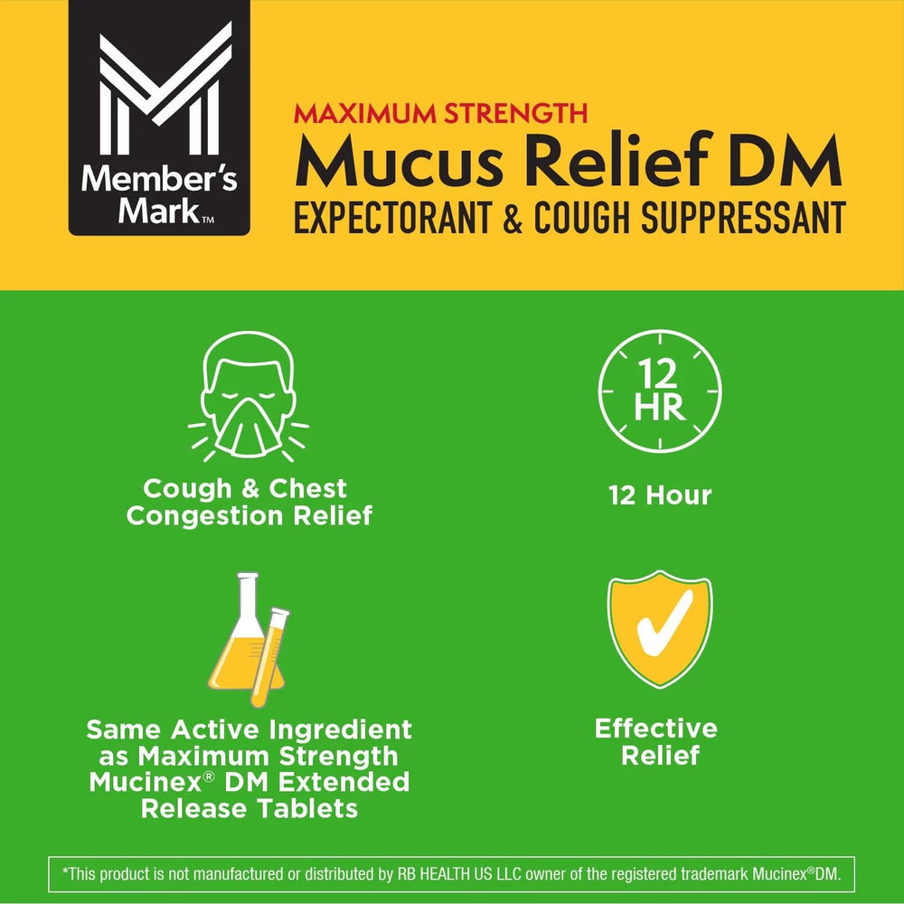 Member's Mark Mucus Relief closeup tablets emphasizes potency