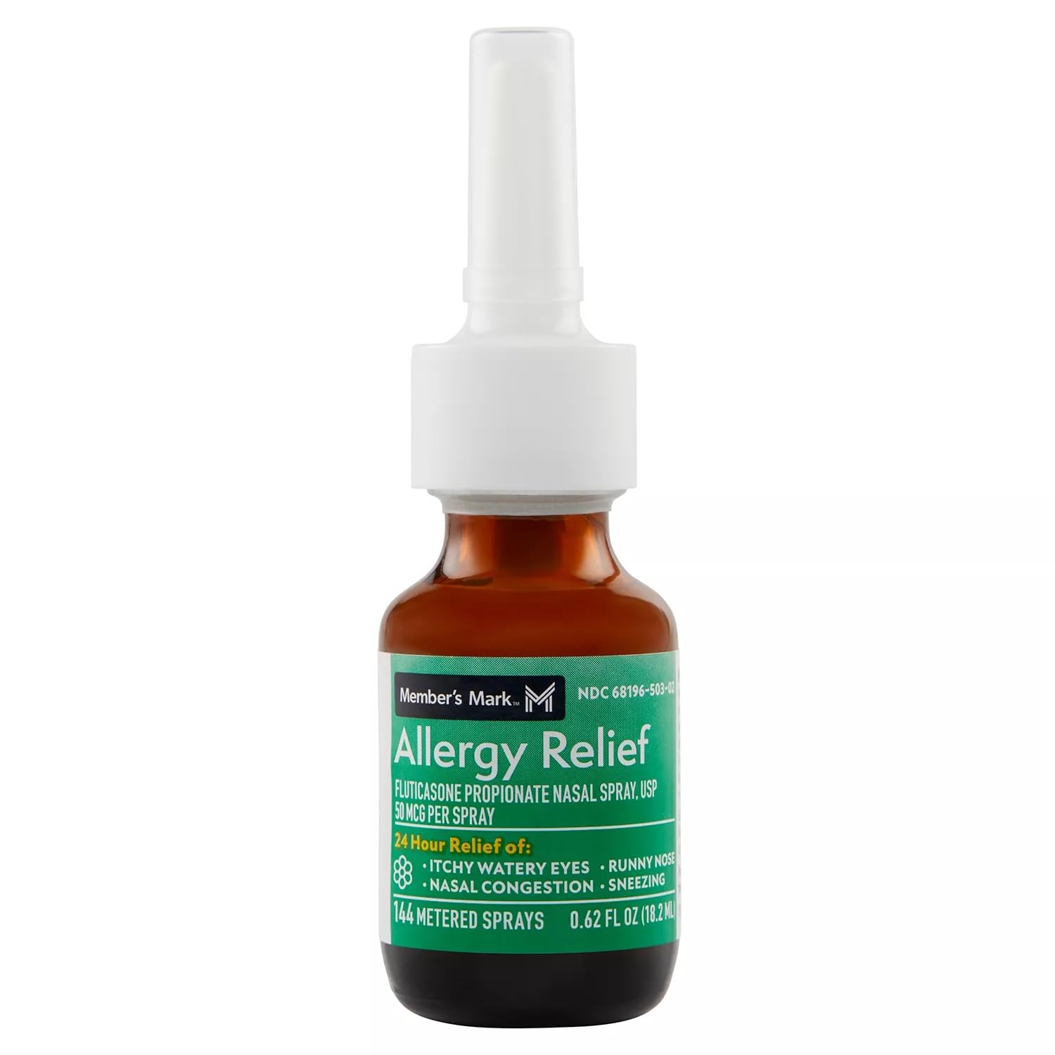 Nasal spray bottle dispensing a fine mist for congestion relief.
