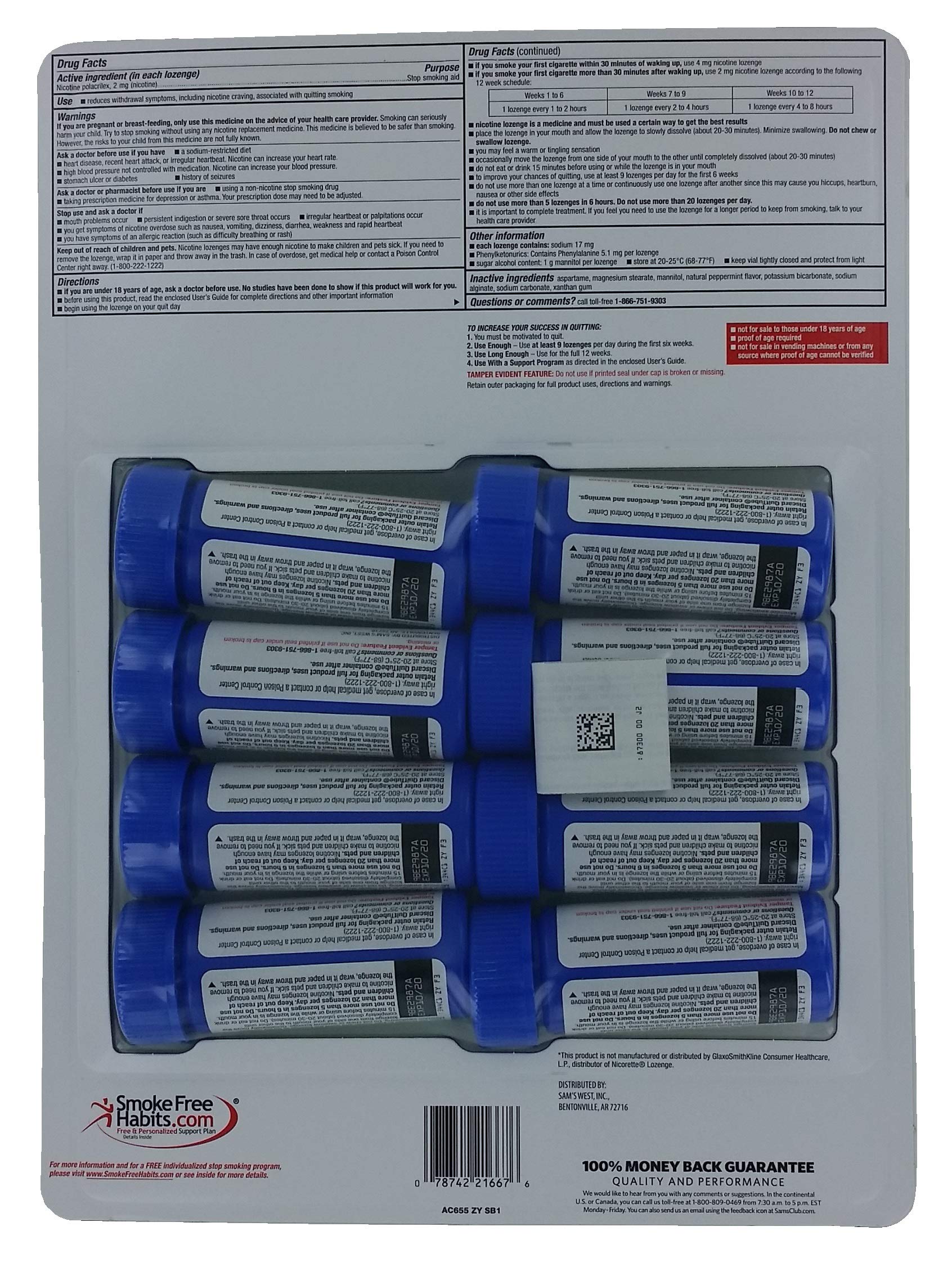 Members Mark mint lozenges pack back with usage guidance and dosage details.