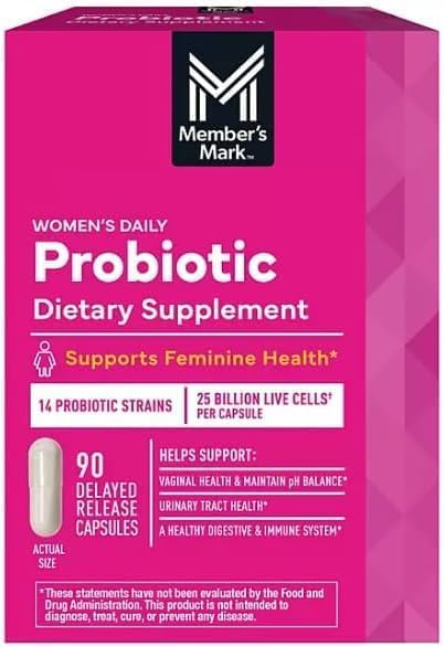 Members Mark Women's Daily Probiotic bottle front with 90-count packaging, supporting digestive balance.