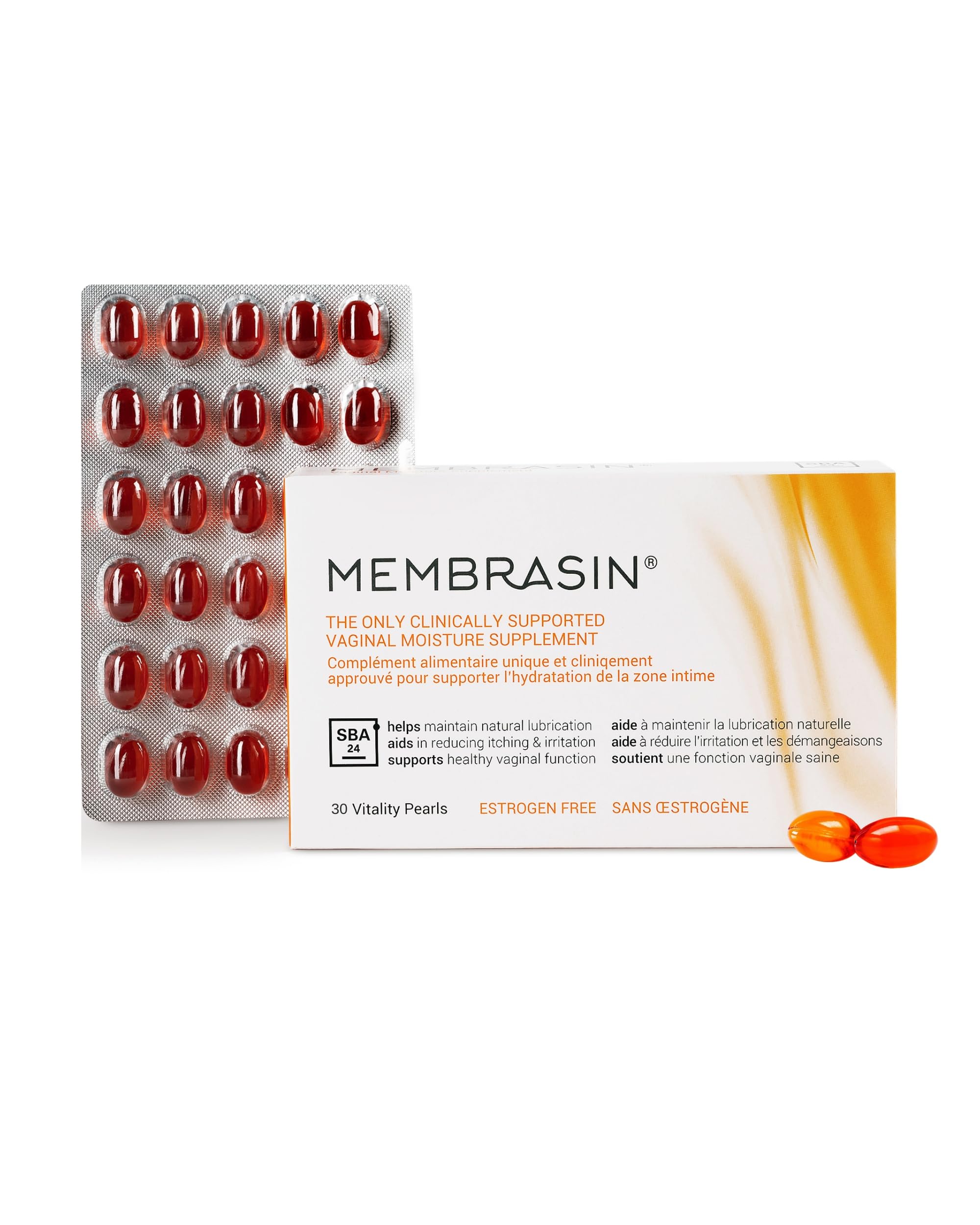Membrasin Vitality Pearls bottle front showing 30 softgels for daily hydration