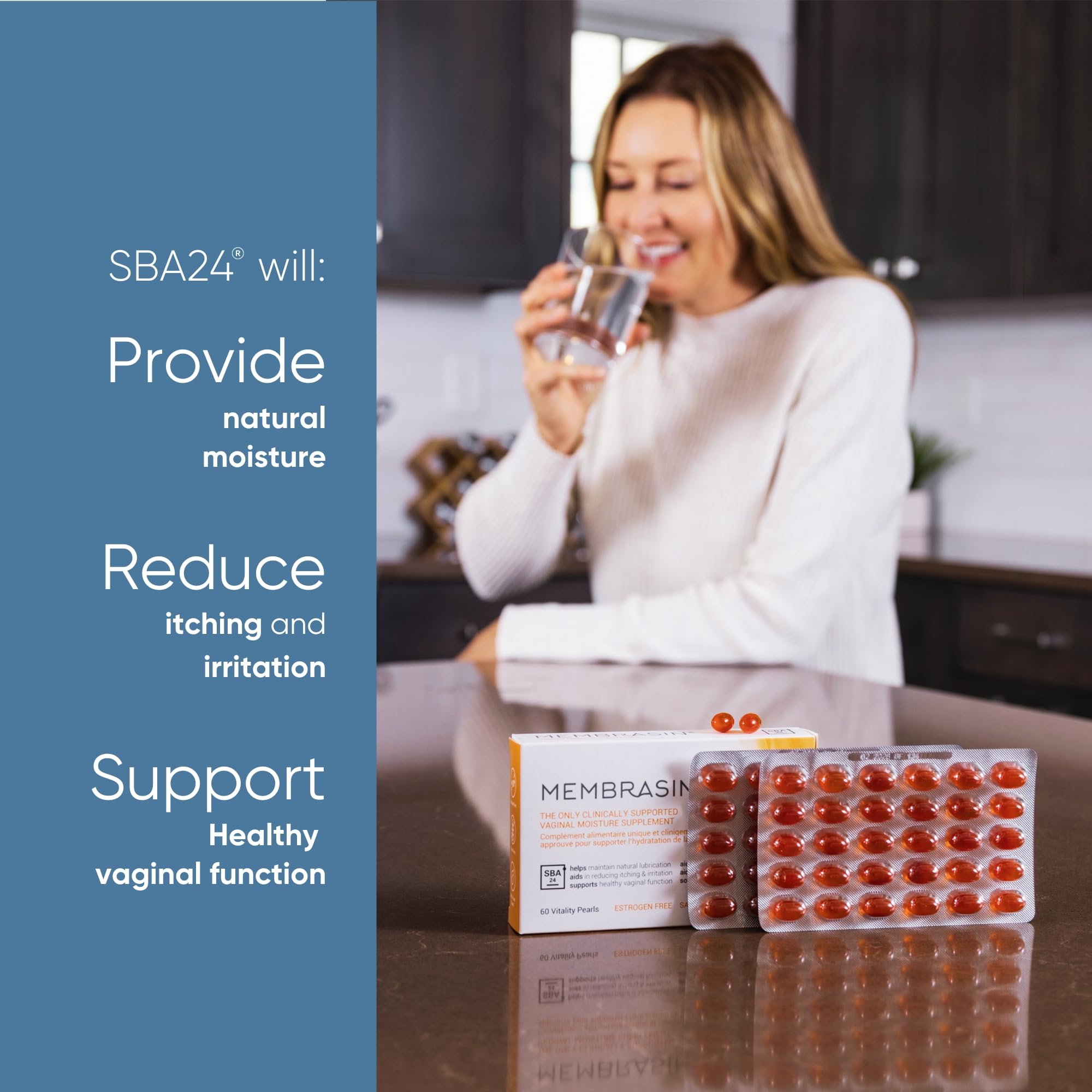 Membrasin Vitality Pearls softgels closeup focusing on gentle daily wellness
