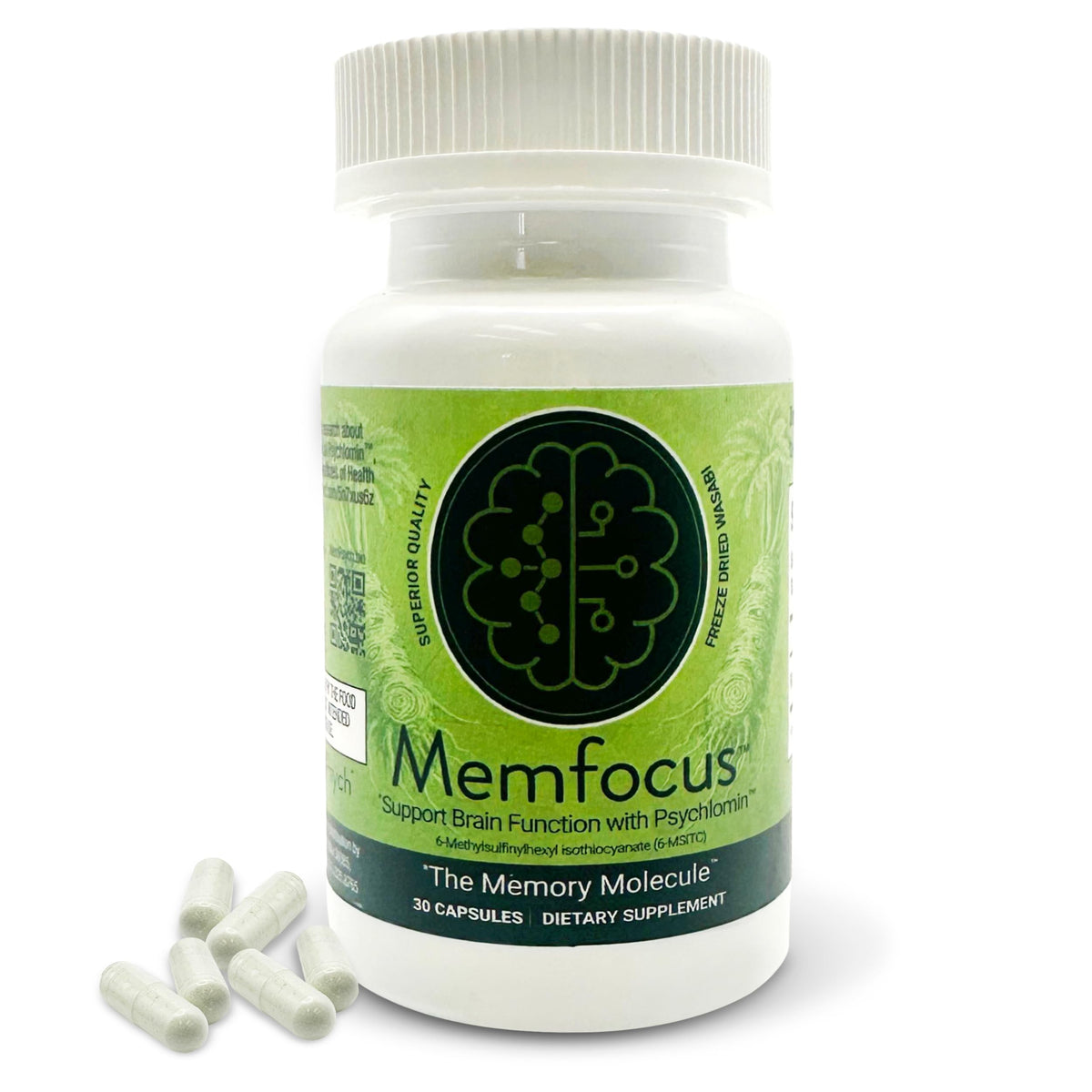 Memfocus bottle front label highlights 100 mg capsules for memory support.