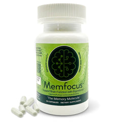 Memfocus bottle front label highlights 100 mg capsules for memory support.