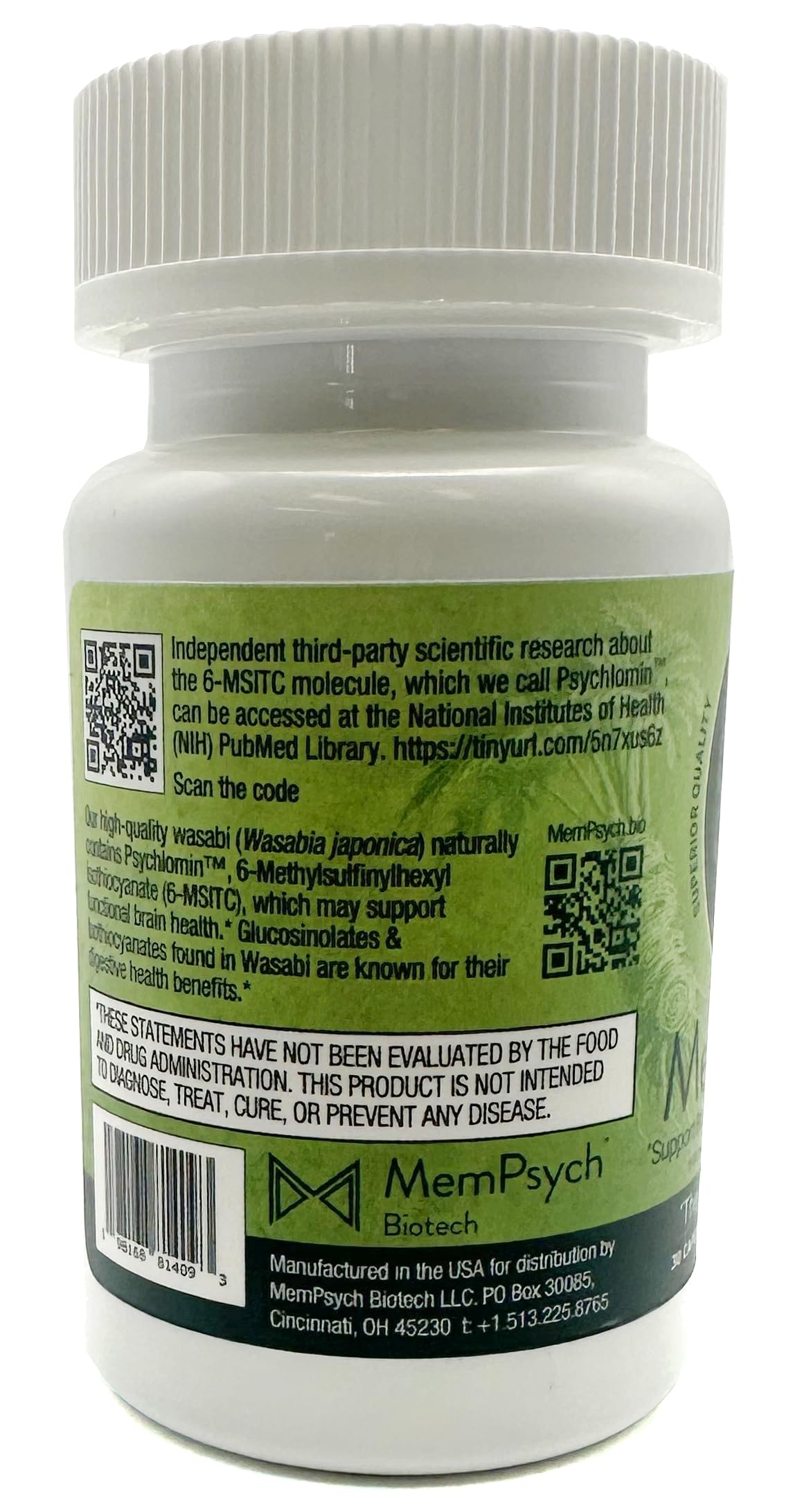 Memfocus label QR code links to research on 6-MSITC and cognition.