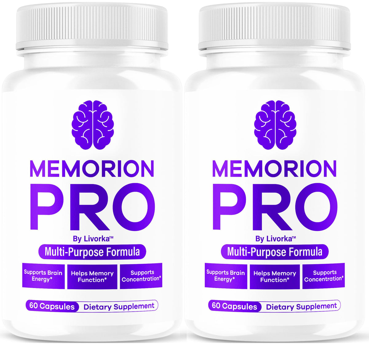 Memorion Pro bottle front showcases the two-pack packaging for daily brain health.