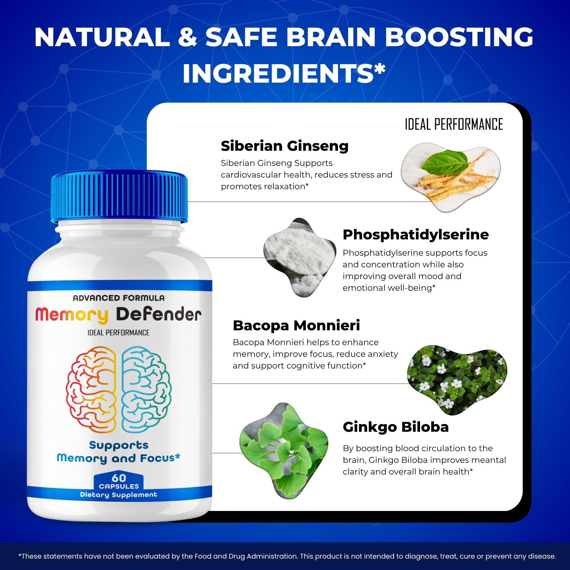 Memory Defender bottle with clear cognitive health branding on a clean surface.