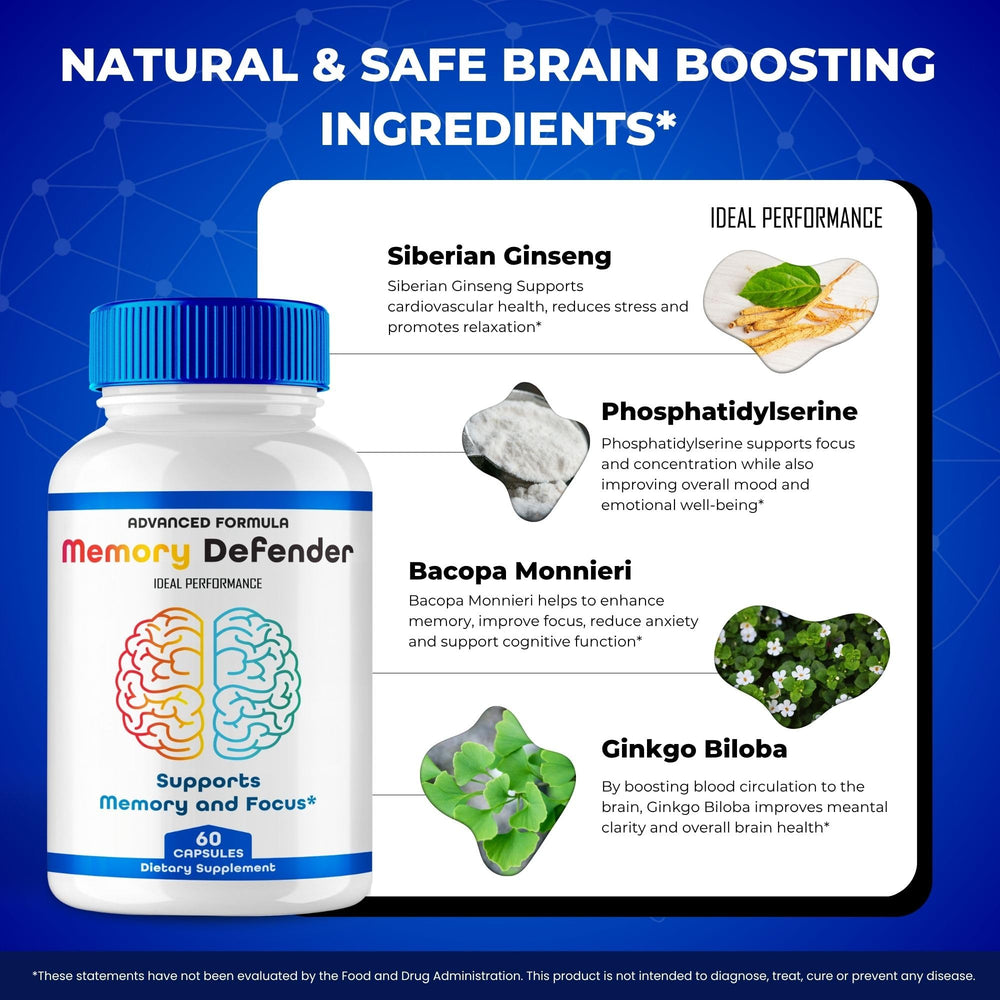 Memory Defender bottle with clear cognitive health branding on a clean surface.