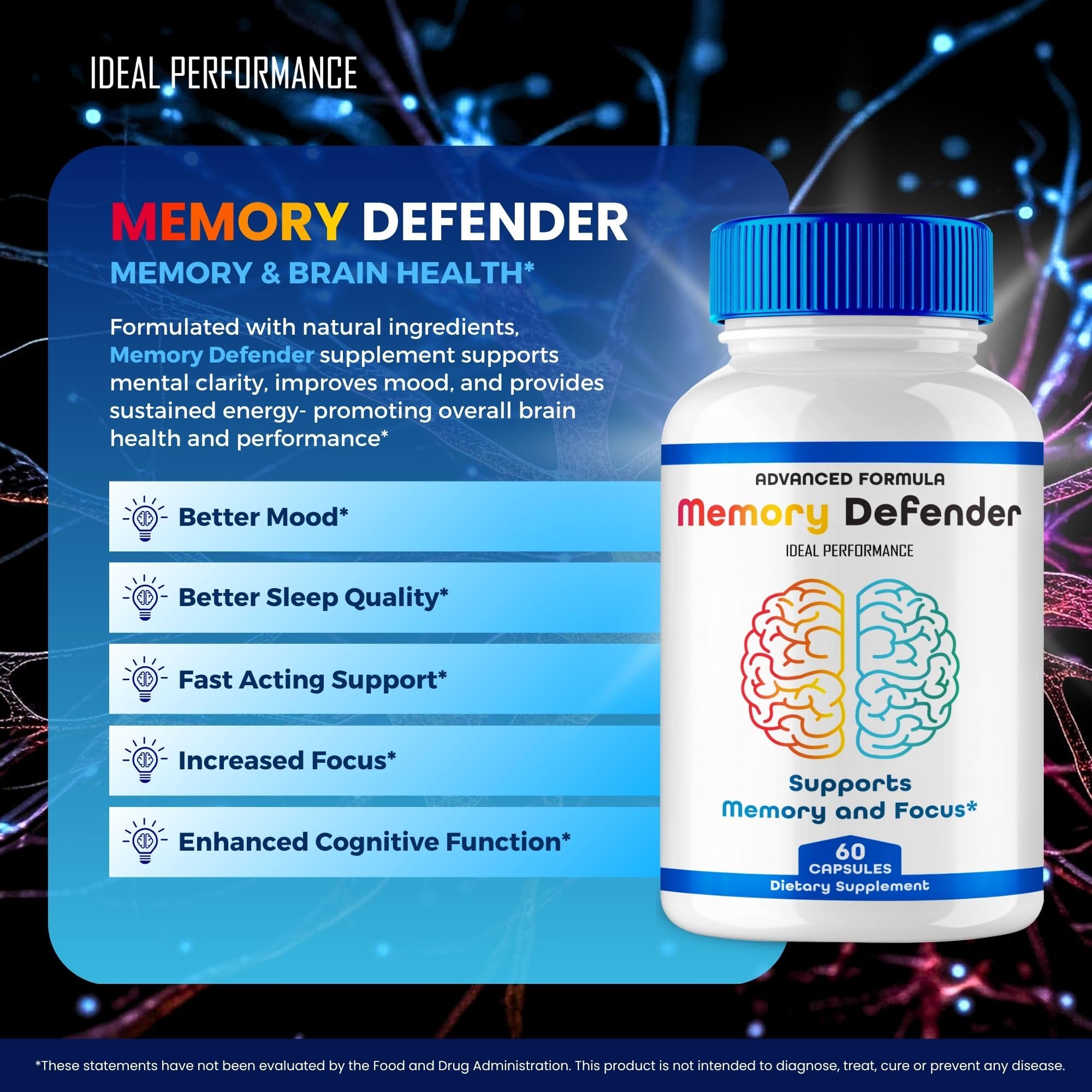 IDEAL PERFORMANCE Memory Defender packaging illustrates premium nootropic support for focus.