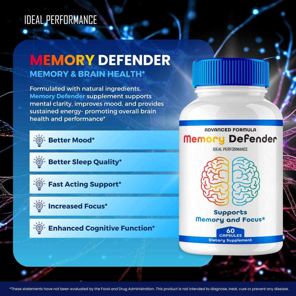 IDEAL PERFORMANCE Memory Defender packaging illustrates premium nootropic support for focus.
