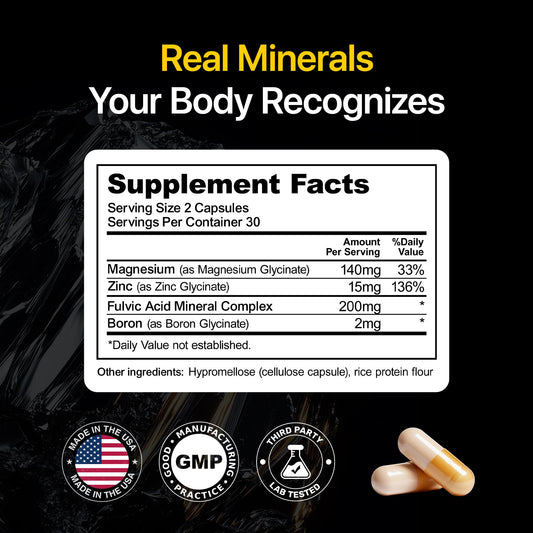 Menerals Mens Multivitamin label close-up highlights fulvic acid and minerals for daily nutrient support.