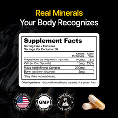 Menerals Mens Multivitamin label close-up highlights fulvic acid and minerals for daily nutrient support.