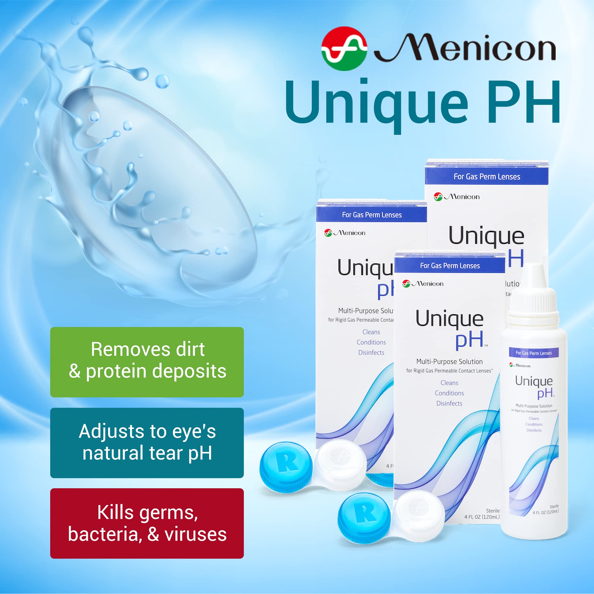 Menicon Unique pH bottle close-up showing gentle conditioning formula.