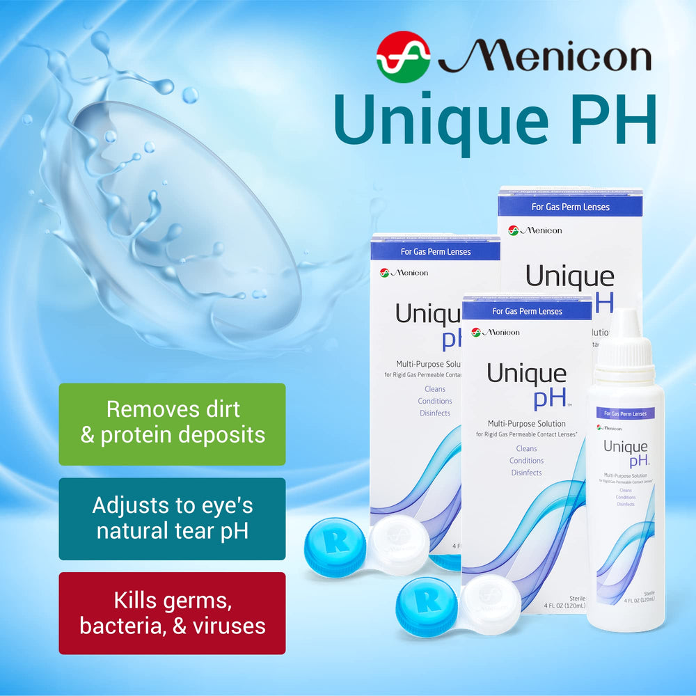 Menicon Unique pH bottle close-up showing gentle conditioning formula.