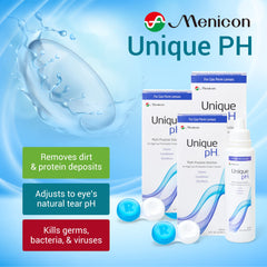 Menicon Unique pH bottle close-up showing gentle conditioning formula.
