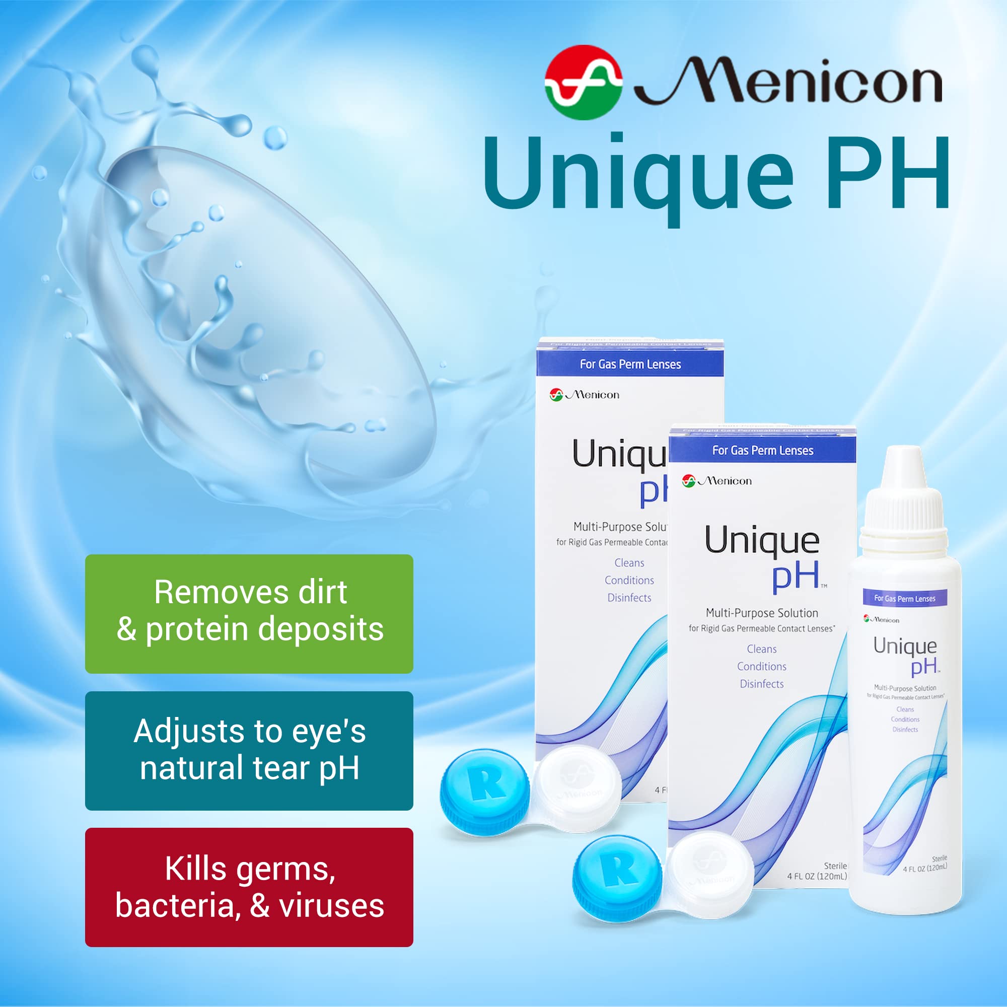 Pouring Menicon Unique pH solution for easy application and rinsing of lenses