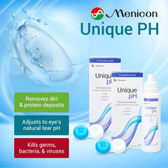 Pouring Menicon Unique pH solution for easy application and rinsing of lenses