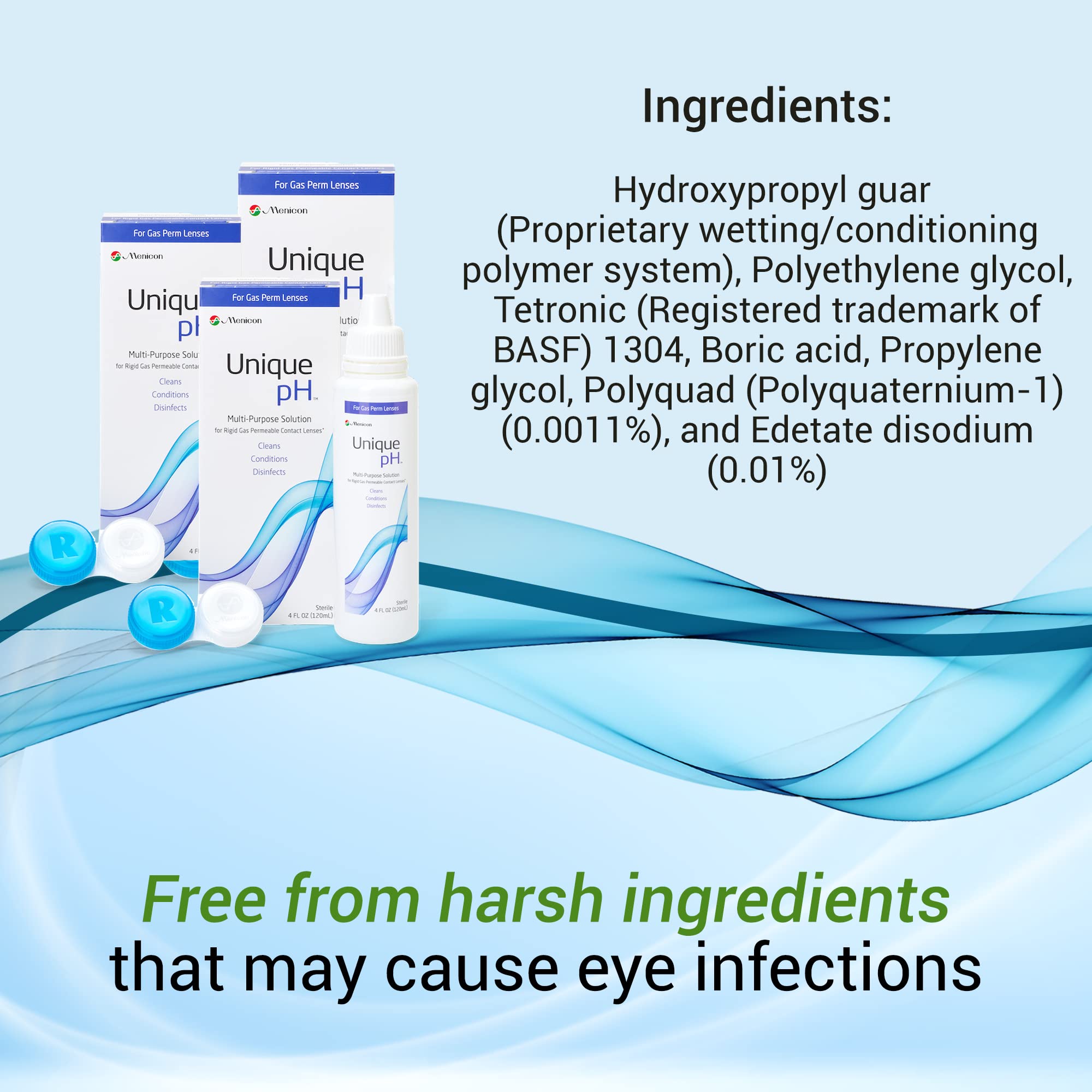 Menicon Unique pH product with bottles showcases complete care kit.