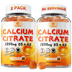 Menkru calcium citrate gummies bottle showing natural orange flavor for daily bone and teeth support