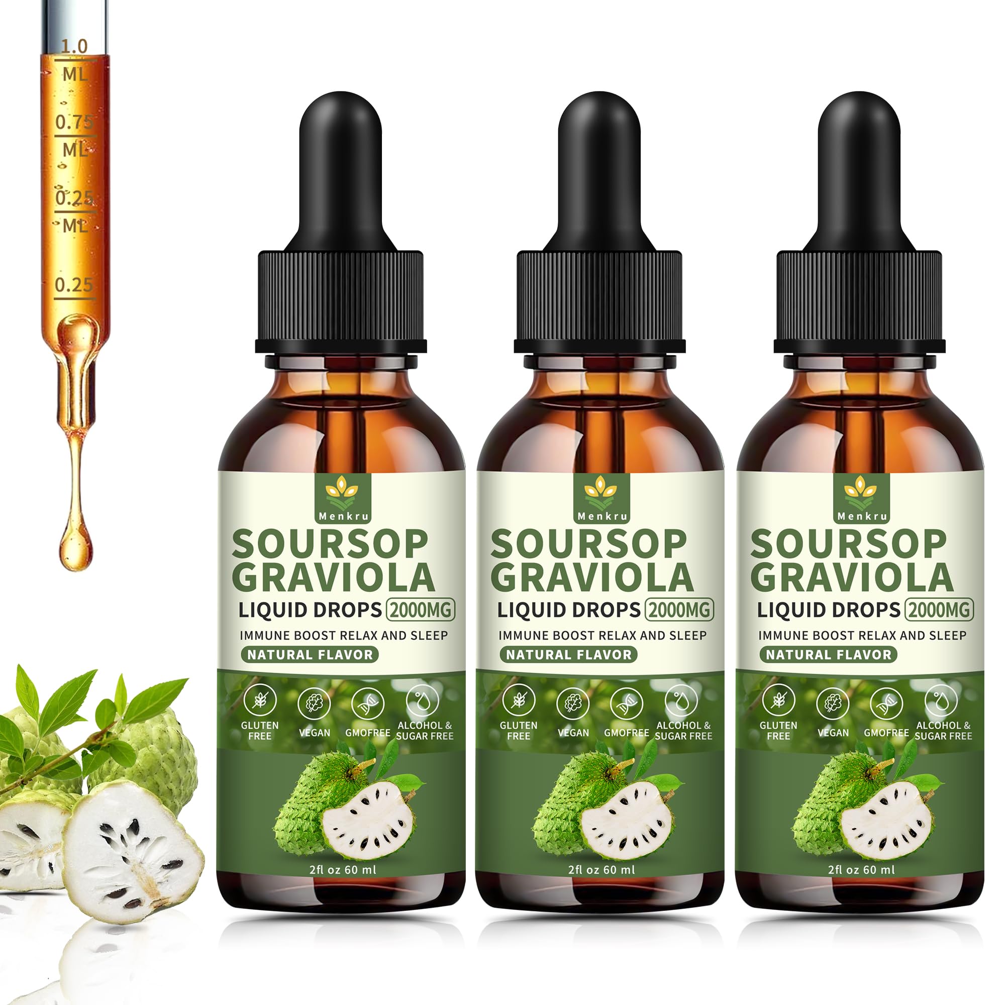 Menkru Soursop liquid drops bottle pour for convenient daily supplementation.