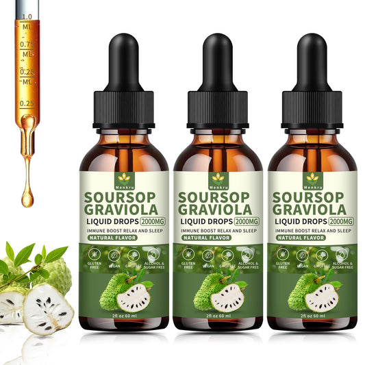 Menkru Soursop liquid drops bottle pour for convenient daily supplementation.
