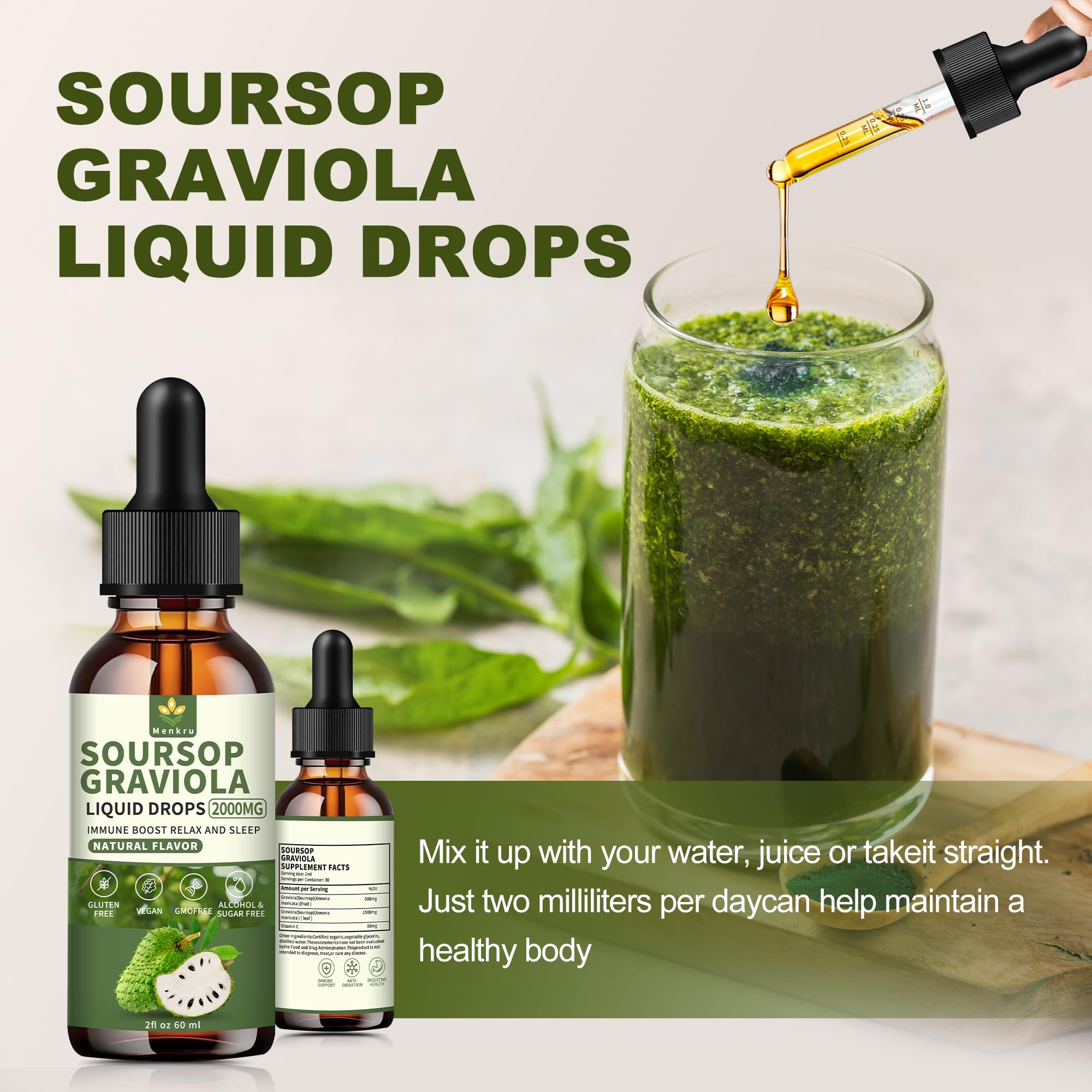 Menkru Soursop liquid drops dropper enabling precise dosing.