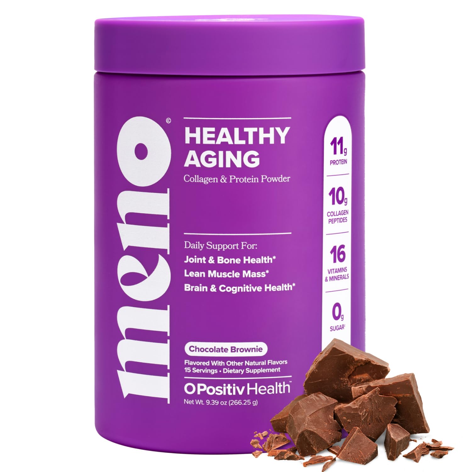 O Positiv MENO tub front showing chocolate brownie flavor for daily wellness.