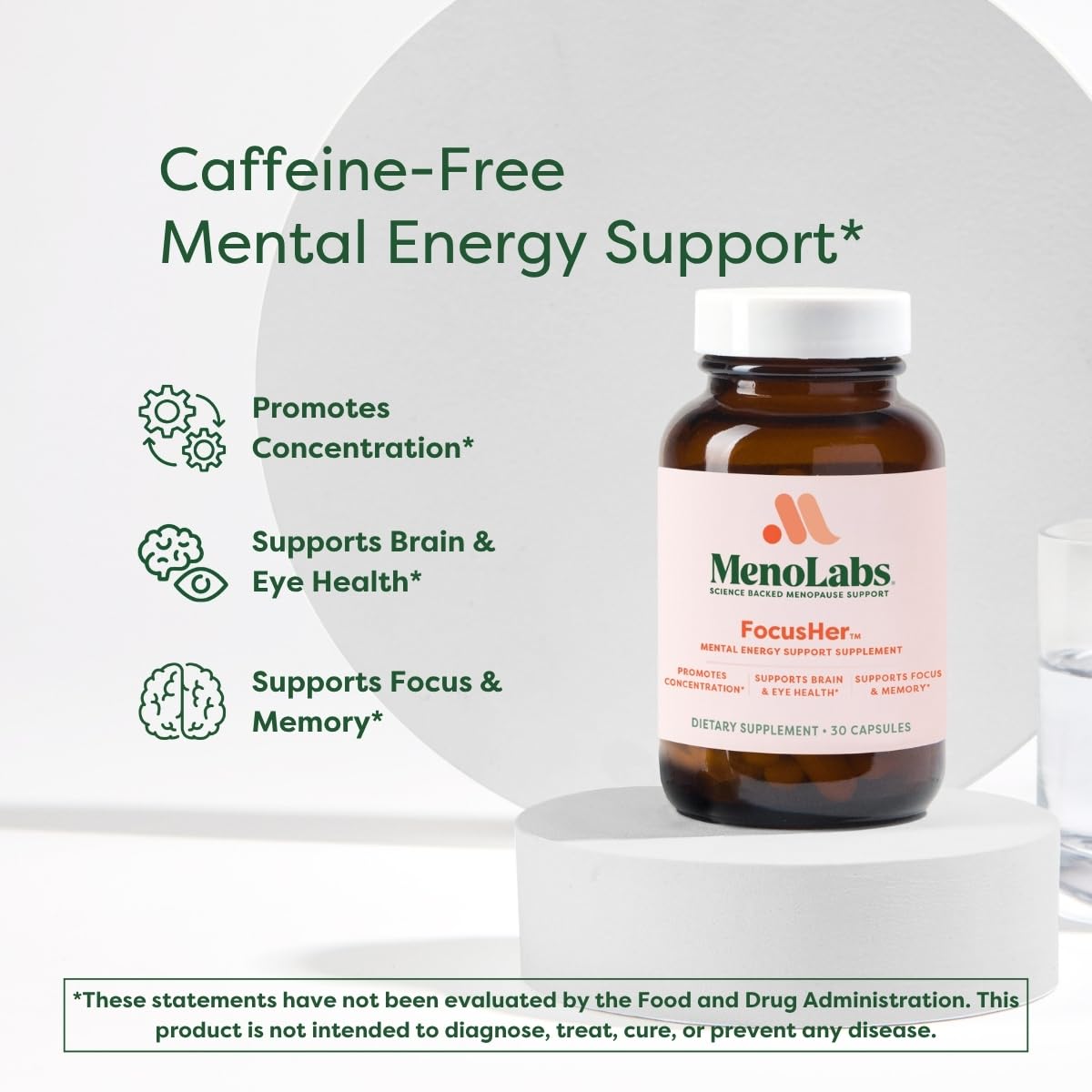 MENOLABS FocusHer capsules close-up showing convenient daily dose for focus and memory.