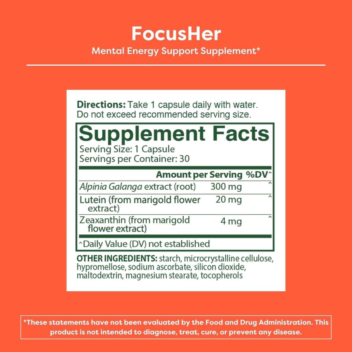 FocusHer daily use reminder visual shows simple one-capsule routine for mornings.