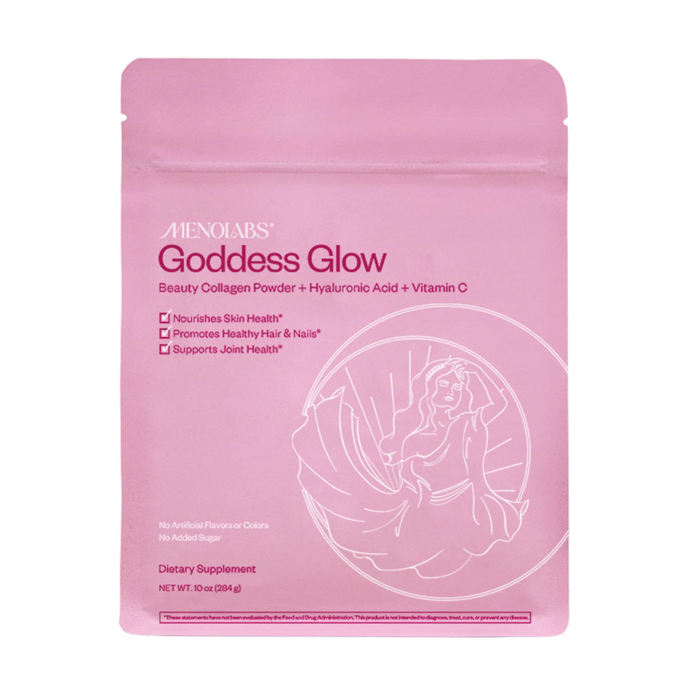 MENOLABS Goddess Glow jar front shows premium collagen, ready to support daily beauty routines.
