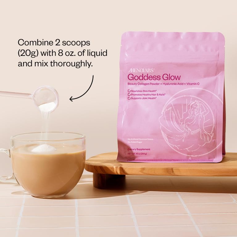 MENOLABS Goddess Glow pouring into liquid illustrates versatile mixing for coffee or smoothies.