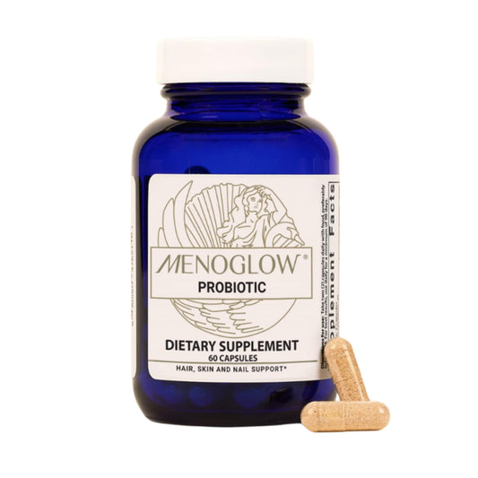 Menolabs MenoGlow bottle with capsules pour for easy daily menopause support.