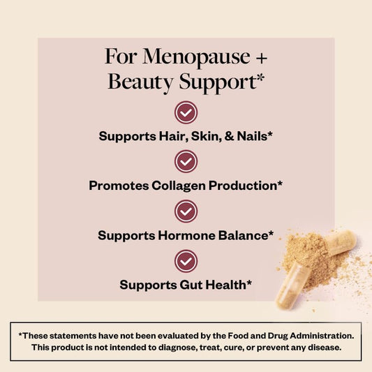 Close-up of MenoGlow capsules highlighting hyaluronic acid and vitamin C benefits.