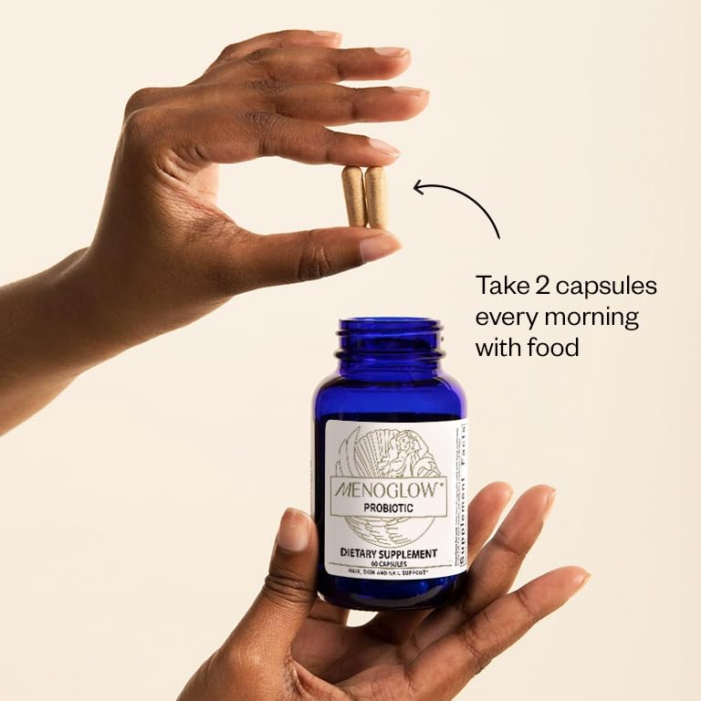 MenoGlow bottle label shows probiotic blend supporting gut health.